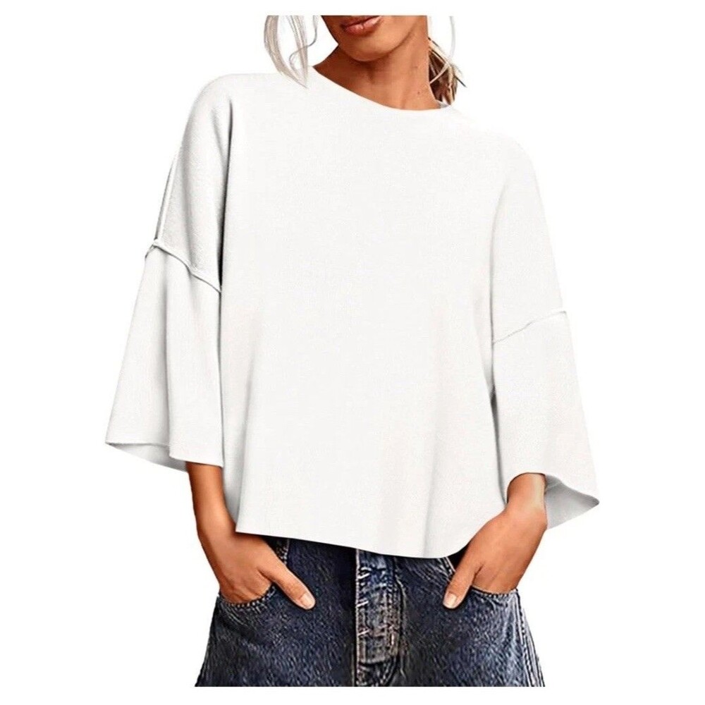 Saodimallsu Oversized Knit Pullover Sweater White Crew Neck Women White Large